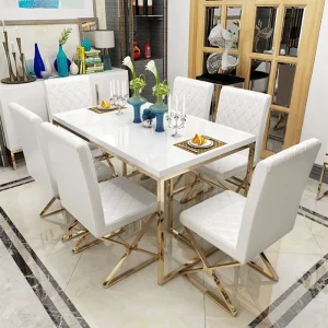 Modern Square Stainless Steel and Marble Dining Table and Chair Set