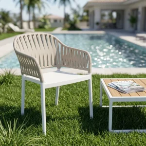 Modern Stackable PP Plastic Dining Chair with Armrest Rattan Look Weather Resistant Outdoor Cafe Chair