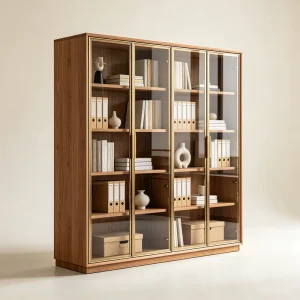 Modern Stainless Steel Library Bookcase Glass Doors Adjustable Shelves 5 Tier Display for Home Office Hospital Commercial Use