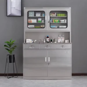 Modern Stainless Steel Medical Cabinet Double Glass Door 3 Drawers Hospital Furniture Workshop Warehouse