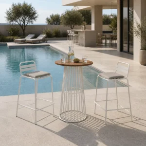 Modern Stainless Steel Outdoor Bar Set with High Bar Chairs and Tables for Hotels Villas Pools
