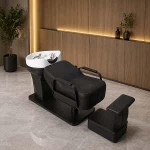 Modern Stainless Steel Shampoo Chair with Ceramic Basin Massage Semi-Reclining Features Adjustable Footrest for Beauty Salons