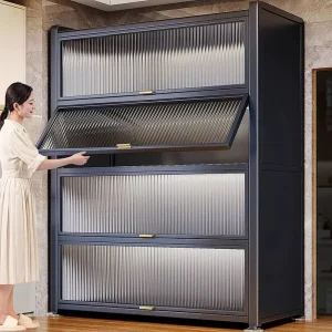 Modern Stainless Steel Shoe Cabinet Fluted Glass Doors 4 Drawers 5 Ft+ Storage Flip Door Entryway Living Room