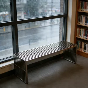 Modern Stainless Steel Slatted Bench Sleek Industrial Indoor Outdoor Seating for Lobby Patio and Commercial Spaces