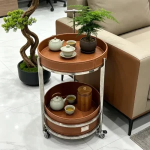 Modern Stainless Steel and Leather Living Room Tea Cart with Wheels Removable Saddle Design Also Functions As a Coffee Table