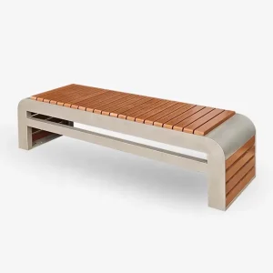 Modern Stainless Steel and Wood Lounge Bench Durable Water Resistant Outdoor Patio Bench for Parks Schools and Hospitals
