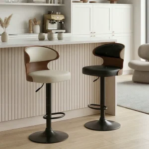 Modern Steady Commercial Outdoor Dining Adjustable Height Swivel Bar Stools PU Leather Upholstery Bentwood Backrest Hotel School