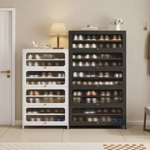 Modern Steel 4 Layer Shoe Cabinet with Fluted Glass Doors for Living Room Storage