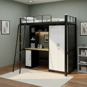 Modern Steel Bunk Bed with Desk Cabinet for Dormitory Apartment Bedroom Use