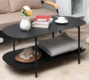 Modern Steel Coffee Table with 2 Tier Storage Shelf Durable Powder Coated Finish Iron Frame for Living Room
