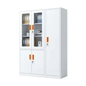 Modern Steel Filing Cabinet Office Storage Cupboard with Orange Handles Glass Door Locker