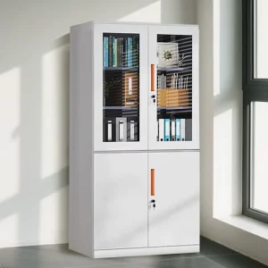 Modern Steel Glass Door File Cabinet with Lock & Adjustable Shelves for Home Office Storage