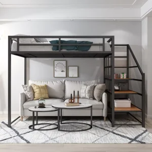 Modern Steel Heavy Duty Loft Bed with Bookshelf Stairs for Dormitory and Space Saving Queen King Size
