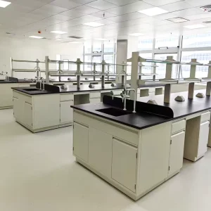 Modern Steel Laboratory Workstation Cosmetic Chemistry Lab Island Bench with Shelves and Cabin for Hospital and School Use