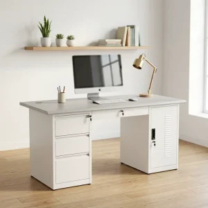 Modern Steel Office Computer Desk with Drawers and Lockable Cabinet Freestanding Workstation