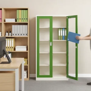 Modern Steel Office Filing Cabinet Green White Movable Adjustable 2 Swing Glass Doors Lockable Space Saving School