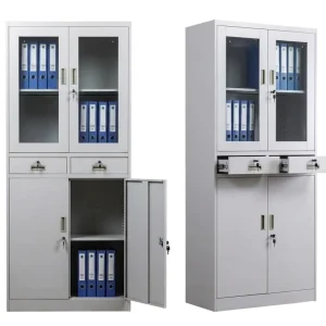 Modern Steel office Storage Cabinet Glass Doors With 2 Central Drawers Heavy Duty Metal Filing Cabinets Furniture