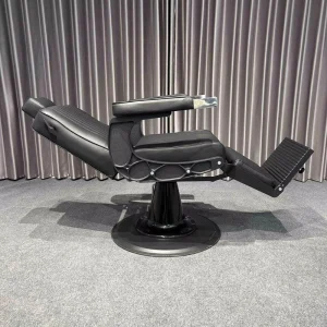 Modern Stripe Black Barber Chair Heavy Duty Professional Hydraulic Pump Iron Frame Reclining Oil Head Leather Seat 360 Degree