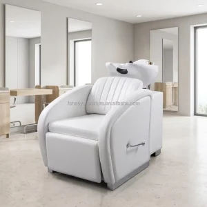 Modern Style Adjustable Footrest Shampoo Chair White Leather White Bowl Stainless Steel Leg for Barbershop Hair Salon