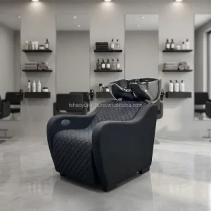 Modern Style Black Synthetic Leather Cover Shampoo Chair with Massage Adjustable Footrest Black Ceramic Sink for Barbershop