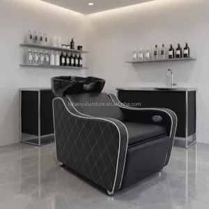 Modern Style Black Synthetic Leather Cover Shampoo Chair with Washable Sink Adjustable Footrest for Hair Care Salon Studio