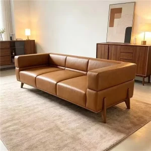 Modern Style Caramel Colour Oil wax PU Sofa Top grain Cowhide Small Apartment Living Room Hotel Glossy High leg Set