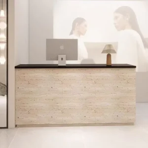 Modern Style Commercial Wood Panel Reception Desks Customizable Color Eco Friendly for Hotels Supermarkets Malls Bedrooms