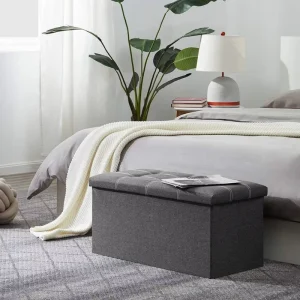 Modern Style Foldable Linen Velvet Wooden Storage Ottoman Cube Bench Stool Footrest for Living Room Home Office Outdoor Use
