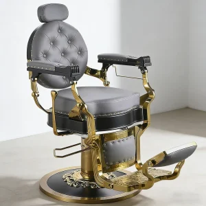 Modern Style Gray and Gold Barber Chair Hydraulic Pump Tufted Back Design Reclining Chair for Men