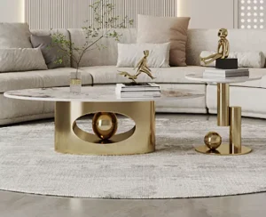 Modern Style Marble Gold Small Extendable Coffee Table Set Stainless Steel Metal Convertible Design for Living Room Furniture