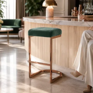 Modern Style Rose Gold Iron Bar Stool with Dark Green Velvet Cushion Backless for Kitchen Island and Bar Use