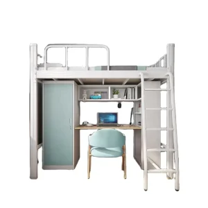Modern Style School Dormitory Loft Metal Bed with Desk, Adult Bed
