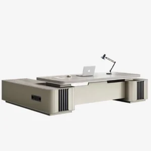 Modern Style Solid Beige Birch Wooden L shaped Extendable Office Desk with Adjustable Height Panel Design for CEO Workspace