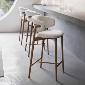 Modern Style Solid Wood Bar Stool With High Footrest And Linen Fabric Curved Backrest For Living Room Furniture Or