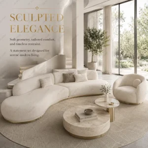 Modern Style Square Curved Upholstered Fabric Wood Sofa Set Armless Sectional for Living Room Hotel Villa