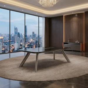 Modern Sustainable E1 MDF Boardroom Table Slanted Metal Leg High Gloss CEO Meeting Desk Integrated Power Hub School