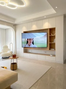 Modern TV Stand White Oak with Storage Drawers and Open Shelves Custom OEM Factory Direct