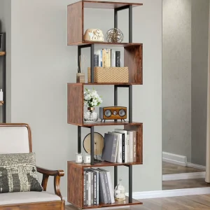 Modern Tall S Shaped Geometric Bookcase Four Layer Wood Metal Bookshelf for Home Office Living Room School Dining Decorative