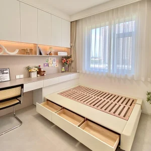 Modern Tatami Wood Custom Bed with Integrated Storage Cabinet Custom Bedroom Furniture