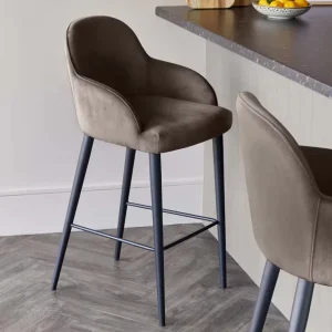Modern Taupe Velvet Curved Armrest Counter Bar Stools Upholstered Bar Chairs with Matte Black Metal Legs Built-in Footrest