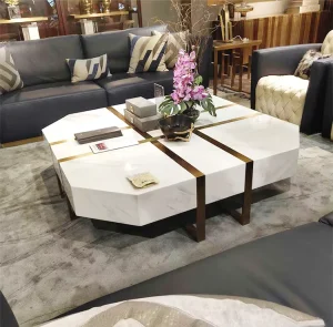 Modern Tea Table White Square Marble Stone Coffee Table with Gold Plated or Brushed Stainless Steel Base