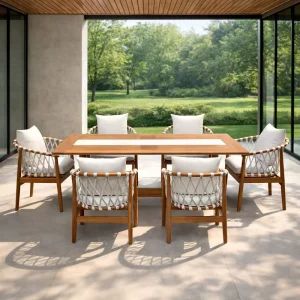 Modern Teak & Rope Woven Outdoor Dining Table Set with Chairs Waterproof Cushions Durable Lightweight Design for Hotels & Patios