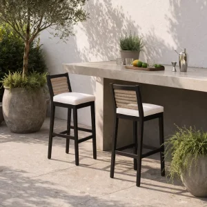 Modern Teak Wood Outdoor Bar Stool Woven Rattan Back Design High Bar Stool for Resort Hotel Courtyard Bar Club