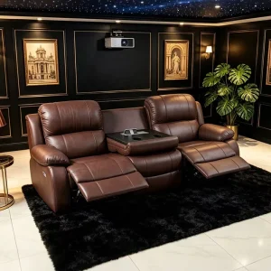 Modern Theater Functional Reclining Leather Sofa Chairs Extendable Footrests Massage Metal Table Cup Holders USB Lights Cinema