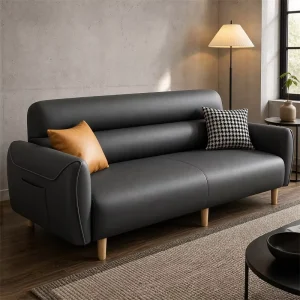 Modern Three Seat Convertible Sofa Bed Faux Leather Cover Metal Legs Washable Eco Friendly Modular for Living Room