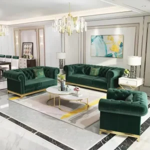 Modern Three Seat Square Chesterfield Sofa Set with Wood Legs Green Velvet Fabric High Density Foam Tufted Buttons