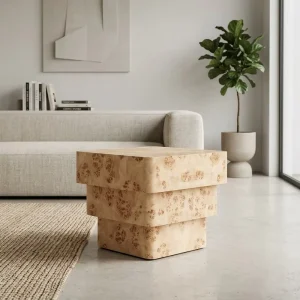 Modern Tiered Burl Wood Side Table Luxury MDF Stepped Square Pedestal End Table with Natural Grain for Living Room
