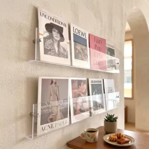 Modern Transparent Acrylic Wall Mounted Magazine Rack and Display Shelf for Newspaper and Literature