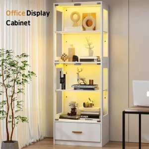 Modern Transparent White Glass and Wood Oak Display Cabinet with LED Lights Tall Curio Cabinet Drawer Wine Cabinet Showcase