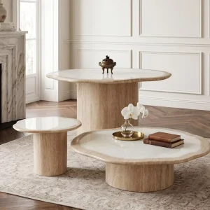 Modern Travertine Coffee Table with White Onyx Inlay Top Luxury Marble Coffee Table Set